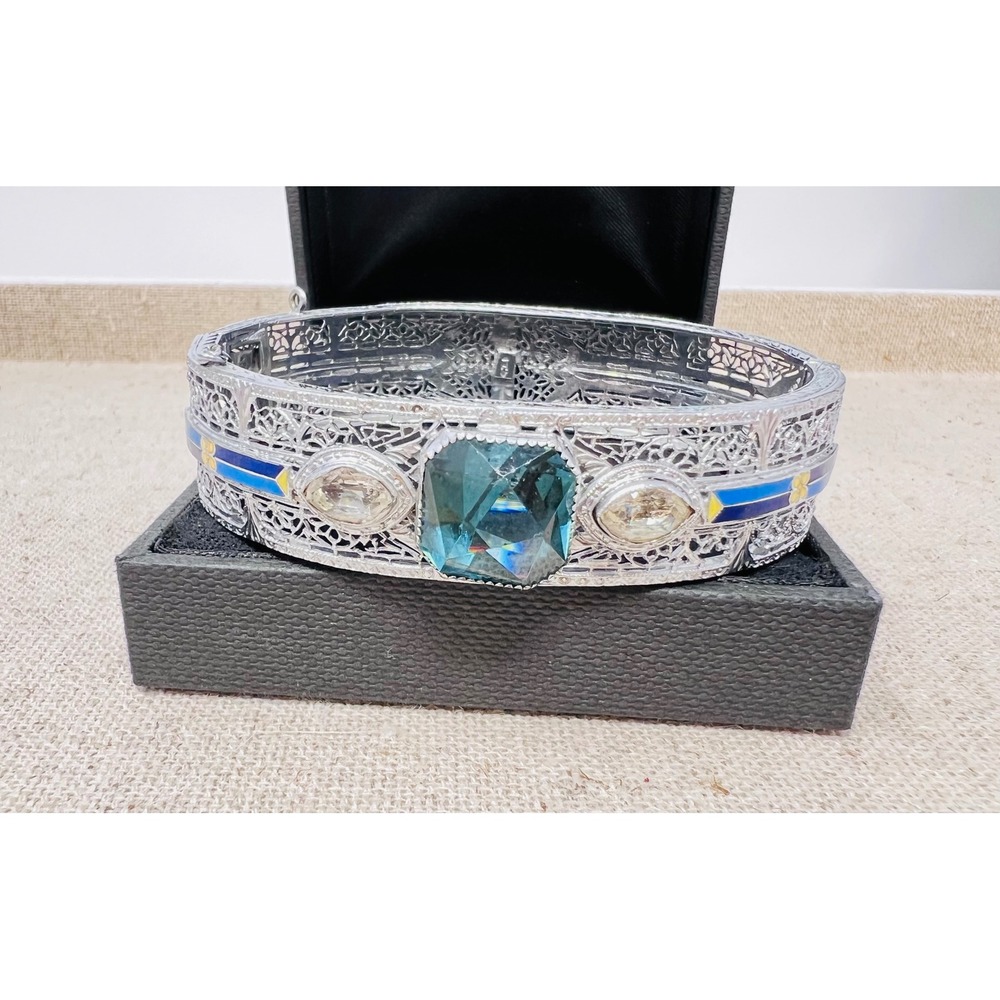 Art Deco Filigree Bangle Teal Blue Crystal Enamel Silver Tone Hinged Bracelet